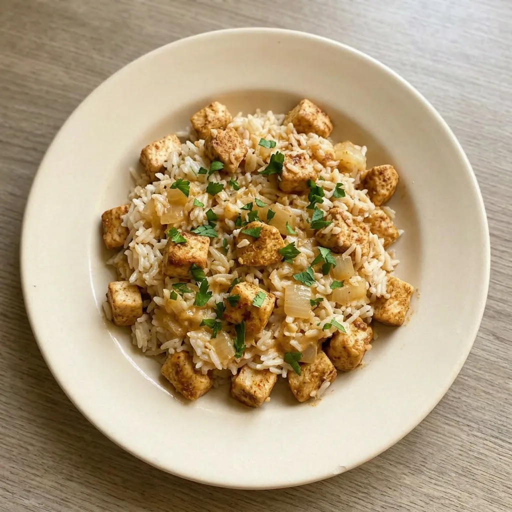 A serving of creamy Cajun chicken and rice, topped with a swirl of heavy cream and sprinkled with seasoning.