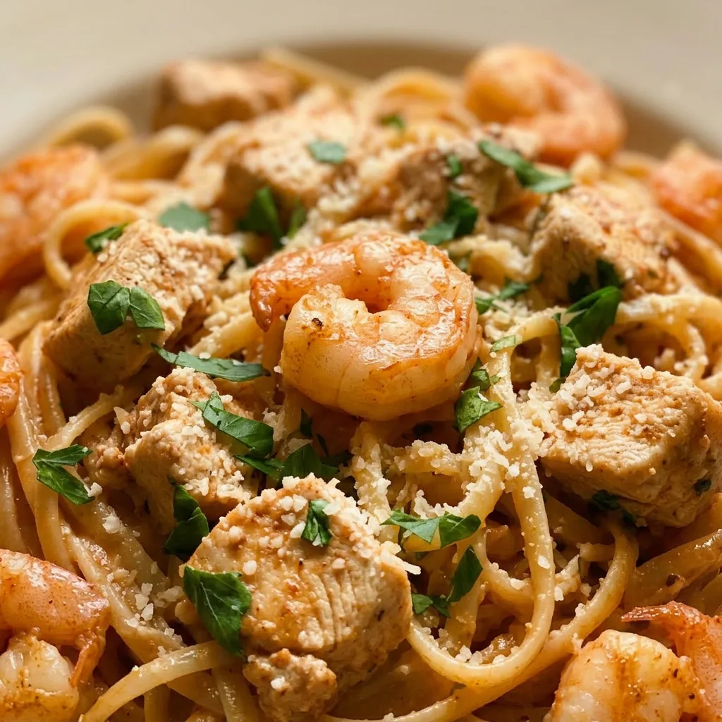 Macro detail of shrimp and chicken pieces coated in creamy Cajun sauce over linguine, with Parmesan flecks.