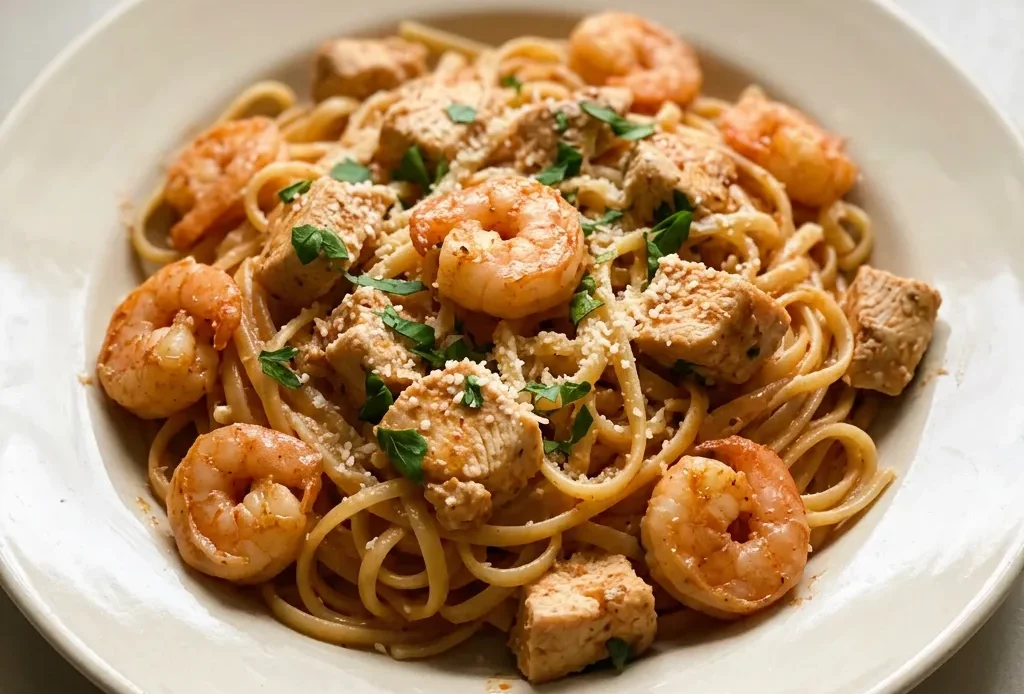 Top-down look at linguine with Cajun chicken and shrimp in cream sauce, garnished with Parmesan.
