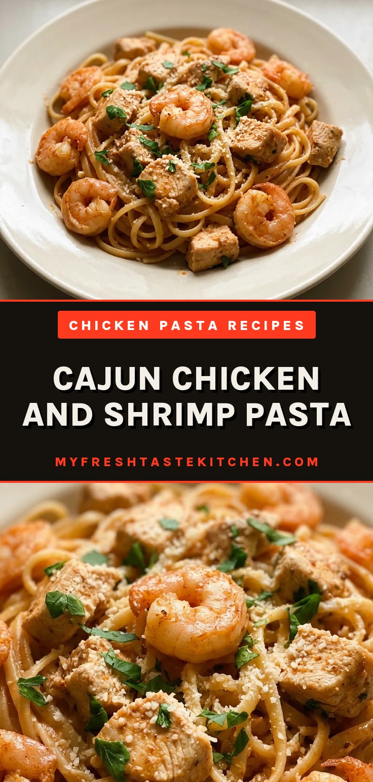 Top-down look at linguine with Cajun chicken and shrimp in cream sauce, garnished with Parmesan.