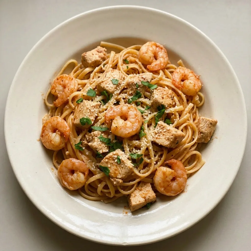 A serving of Cajun chicken and shrimp pasta with linguine, cream sauce, and Parmesan topping.