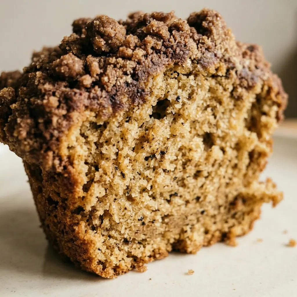 Macro detail of a muffin's crumbly cocoa streusel topping, showing brown sugar and coffee flecks.
