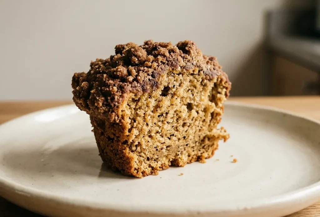 Top-down look at a round muffin with a dark cocoa streusel topping, speckled with coffee granules.