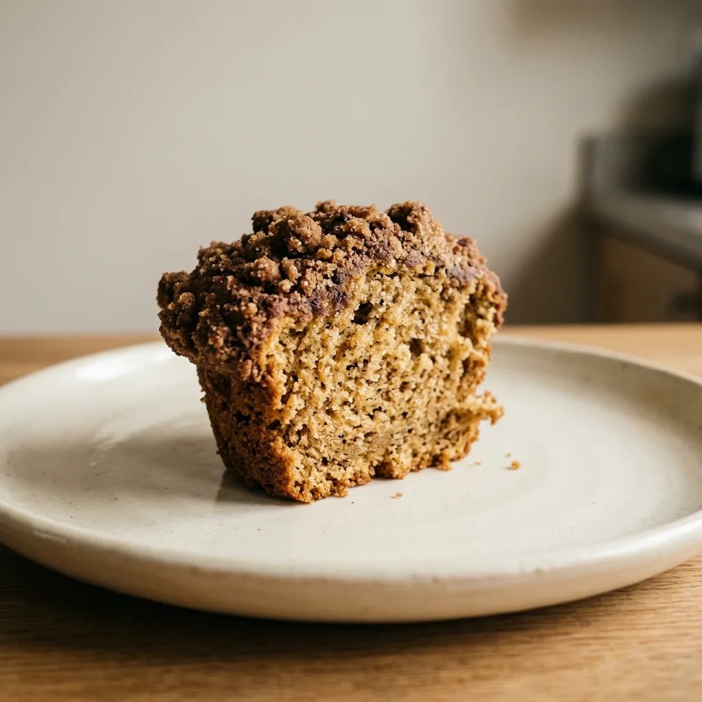 Top-down look at a round muffin with a dark cocoa streusel topping, speckled with coffee granules.