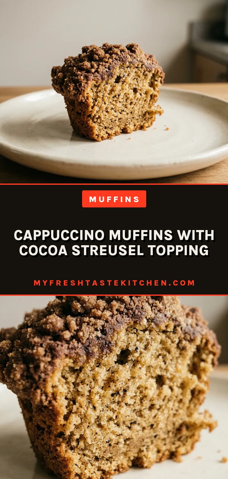 Top-down look at a round muffin with a dark cocoa streusel topping, speckled with coffee granules.