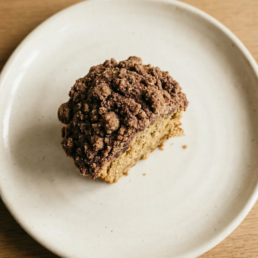 A serving of a tall muffin with a cracked cocoa streusel crust, revealing a moist interior.