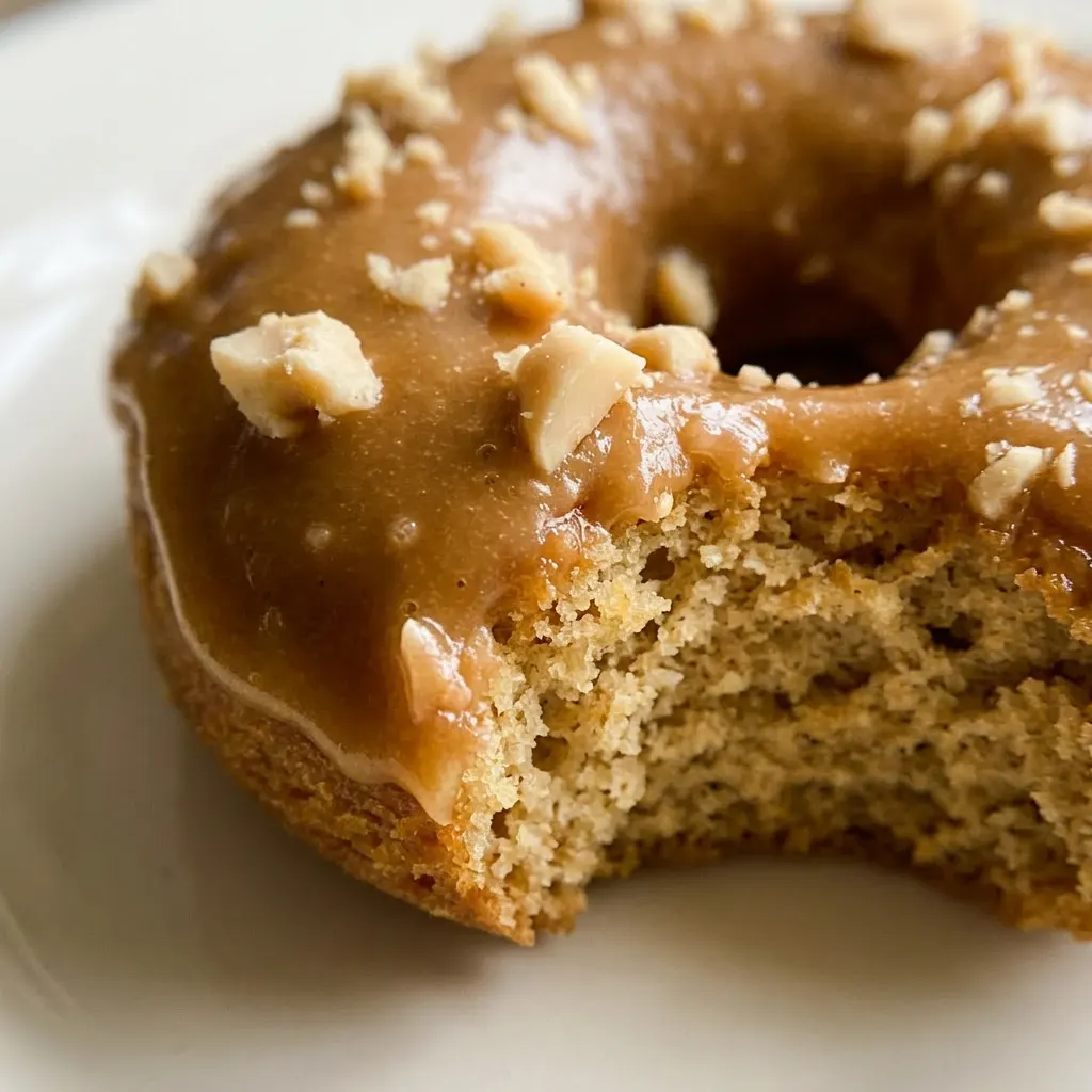Close view of a caramel donut with thick glaze, visible nutmeg specks, and peanut pieces.