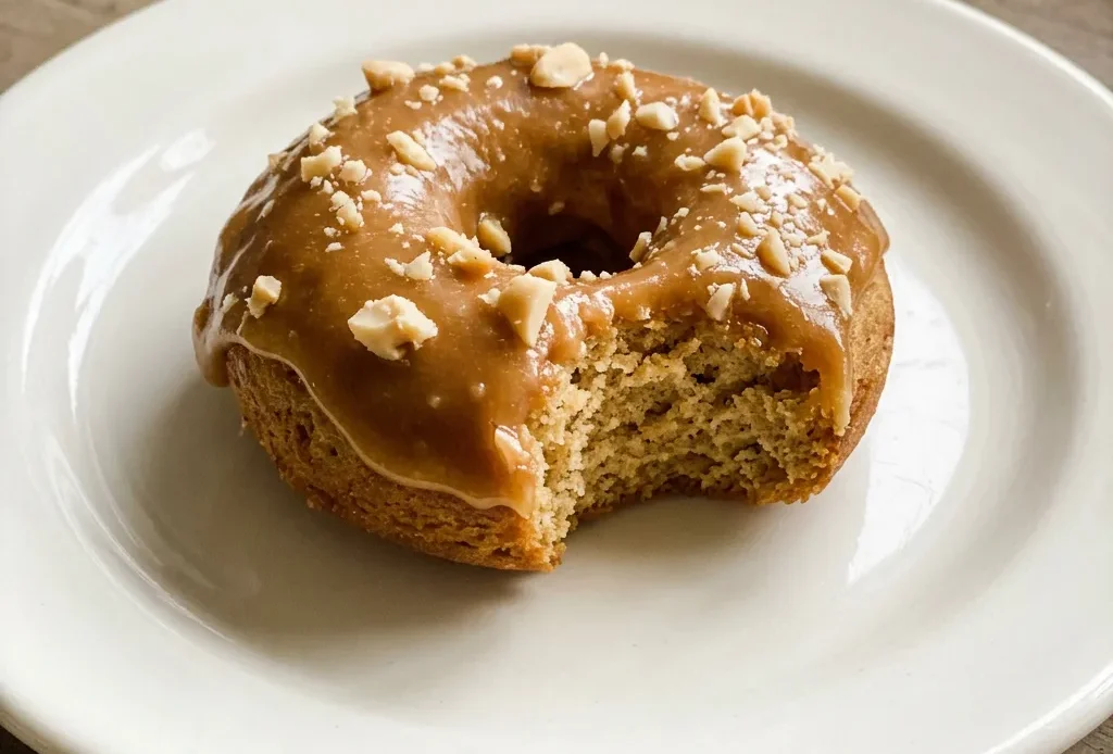 Overhead shot of two caramel donuts with glossy brown glaze and crushed peanuts on a white surface.