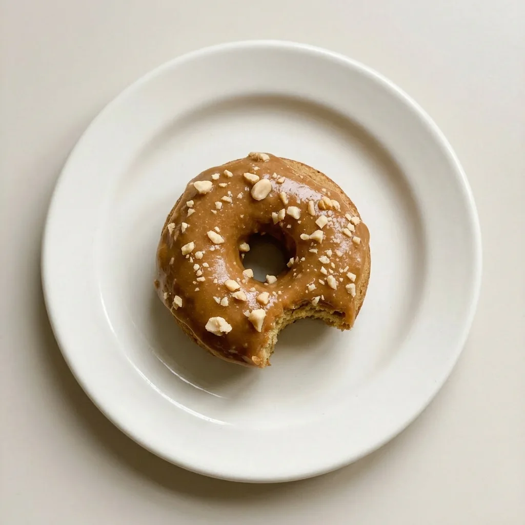 Plated caramel donut with drip glaze, sprinkled peanuts, and a dusting of powdered sugar.