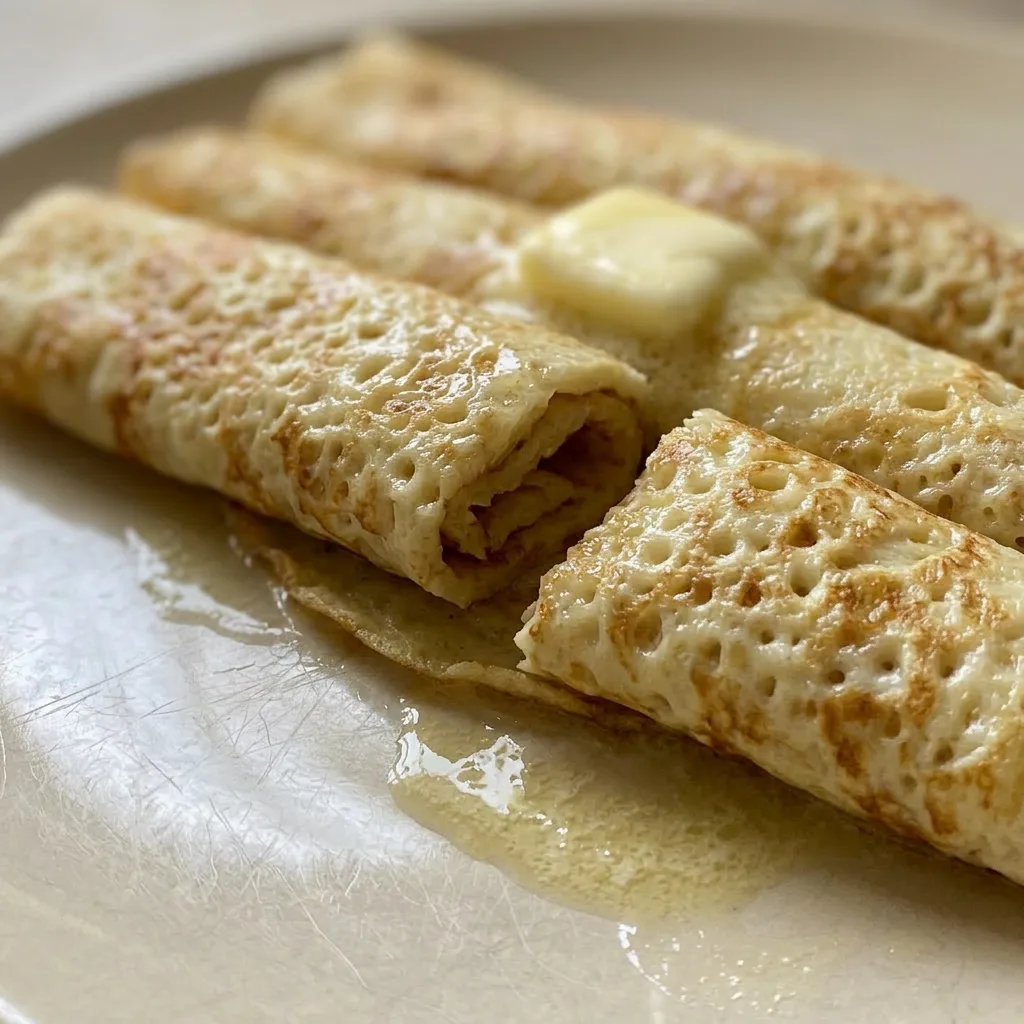 Close view of a cream cheese crepe with butter pooling on top, golden edges visible.
