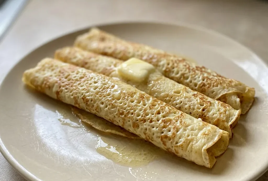 Overhead shot of two cream cheese crepes stacked, drizzled with melted butter, on a dark surface.