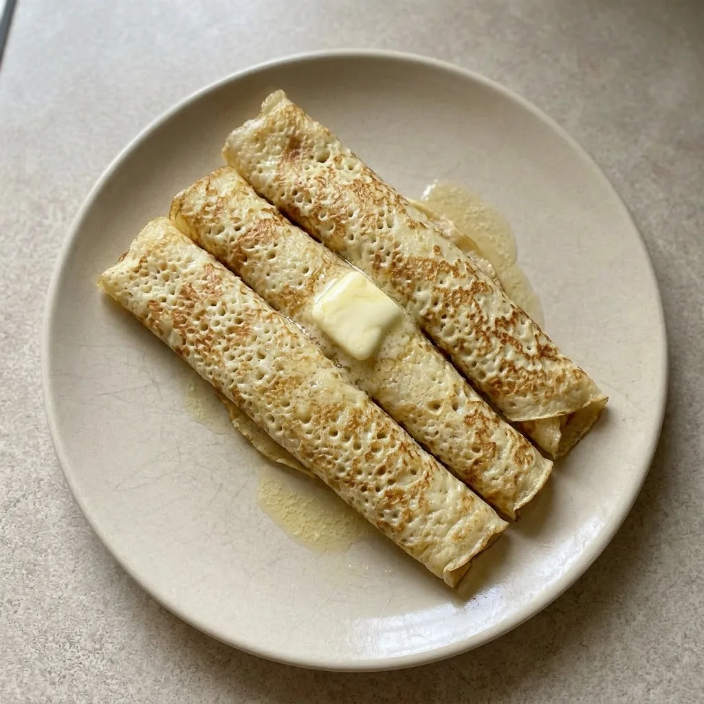 Plated crepe topped with butter pats, cream cheese crepe stack on a plate.