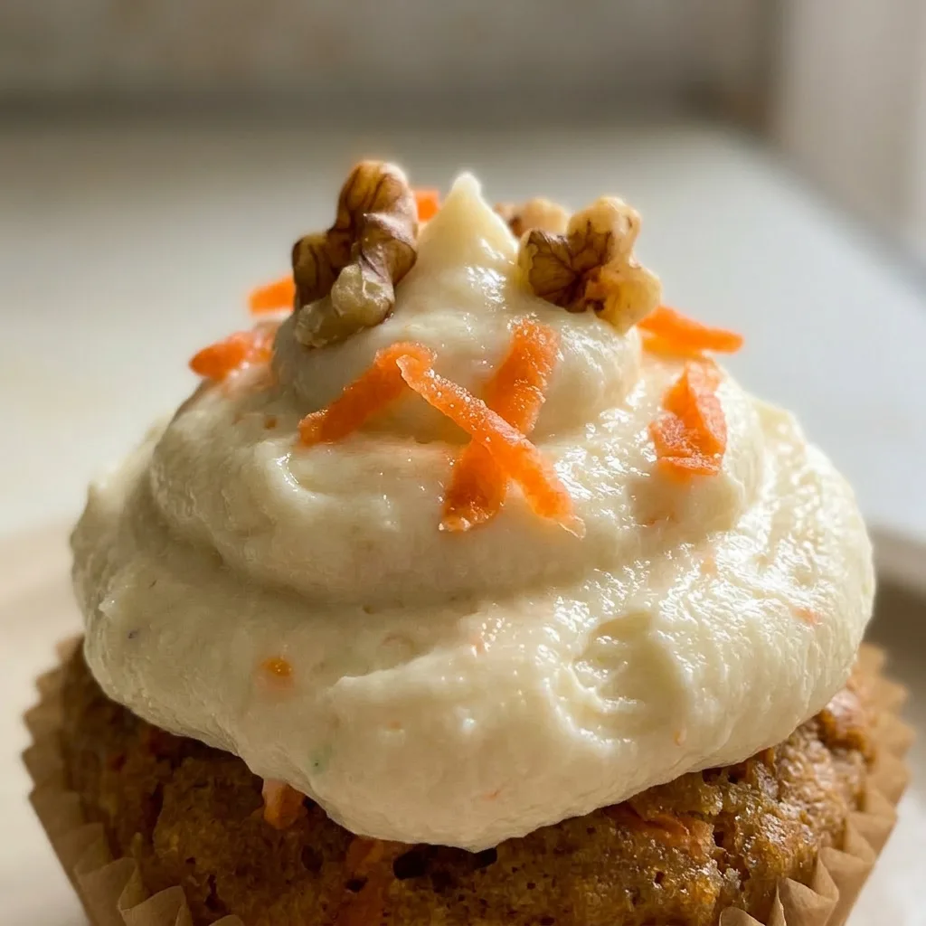 Up close, a muffin top with cream cheese frosting, cinnamon specks, and tiny orange carrot bits, shot from a low angle.