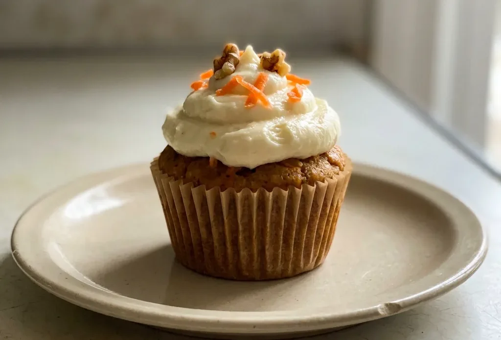 Looking down at three carrot muffins with cream cheese swirls and visible carrot flecks, arranged in a triangle.