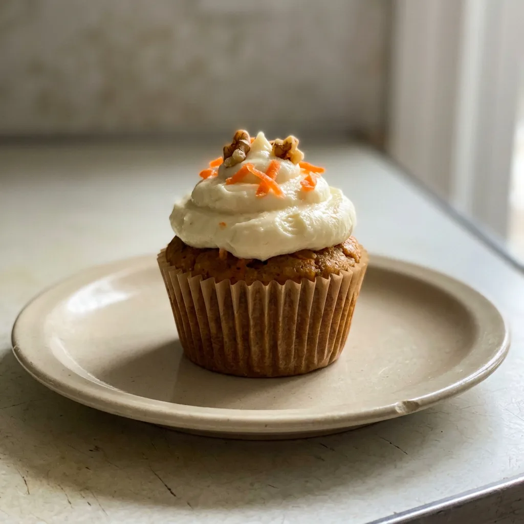 Looking down at three carrot muffins with cream cheese swirls and visible carrot flecks, arranged in a triangle.
