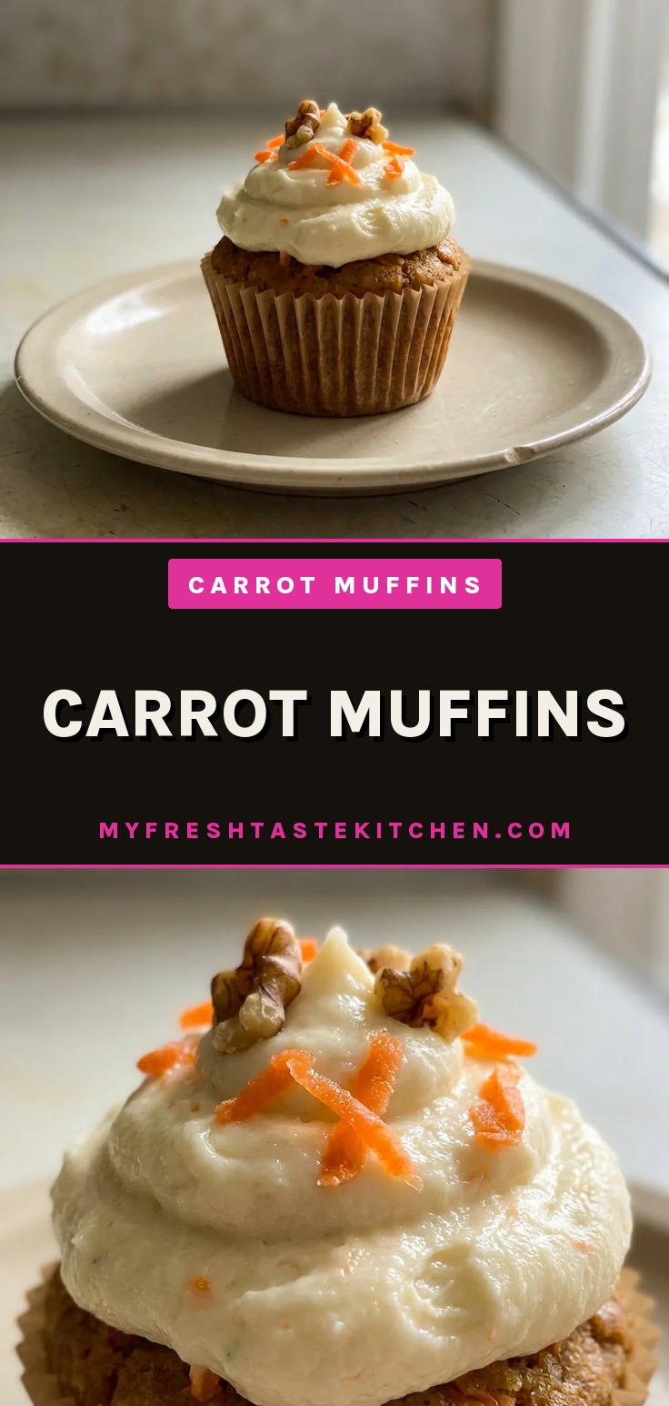 Looking down at three carrot muffins with cream cheese swirls and visible carrot flecks, arranged in a triangle.