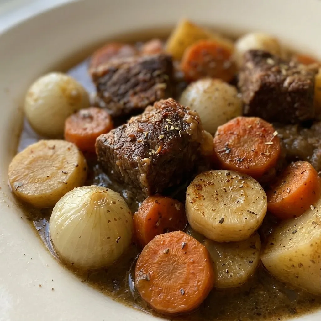 Close view of a spoonful of beef stew revealing tender beef, potato, parsnip, carrot, and a pearl onion.