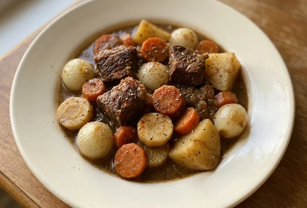 Overhead shot of a bowl of beef stew with chunks of beef, potatoes, parsnips, carrots, and pearl onions in a thick broth.