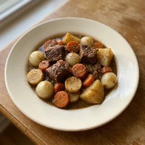 Overhead shot of a bowl of beef stew with chunks of beef, potatoes, parsnips, carrots, and pearl onions in a thick broth.