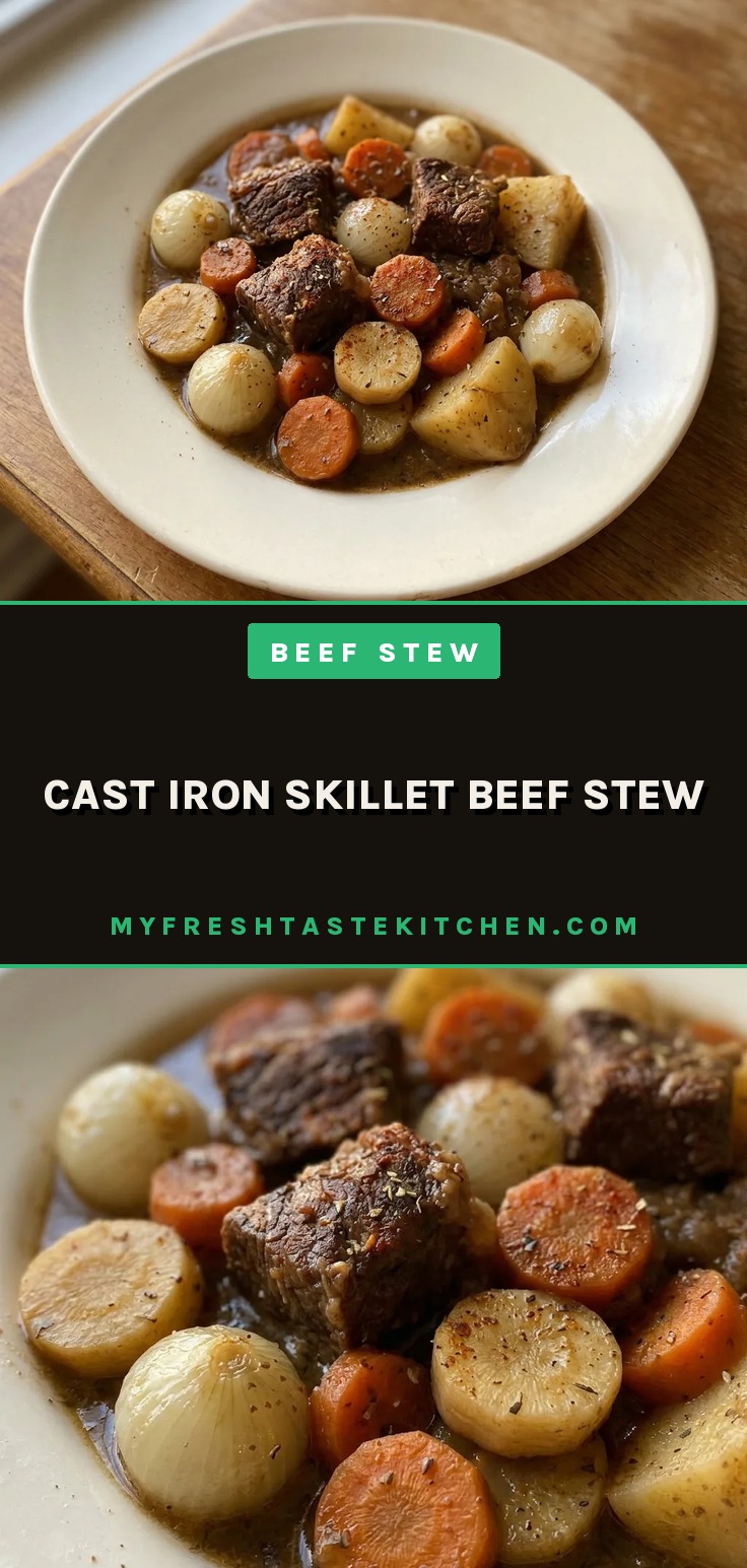 Cast iron skillet beef stew with beef, potatoes, carrots, parsnips, and pearl onions in a dark broth.