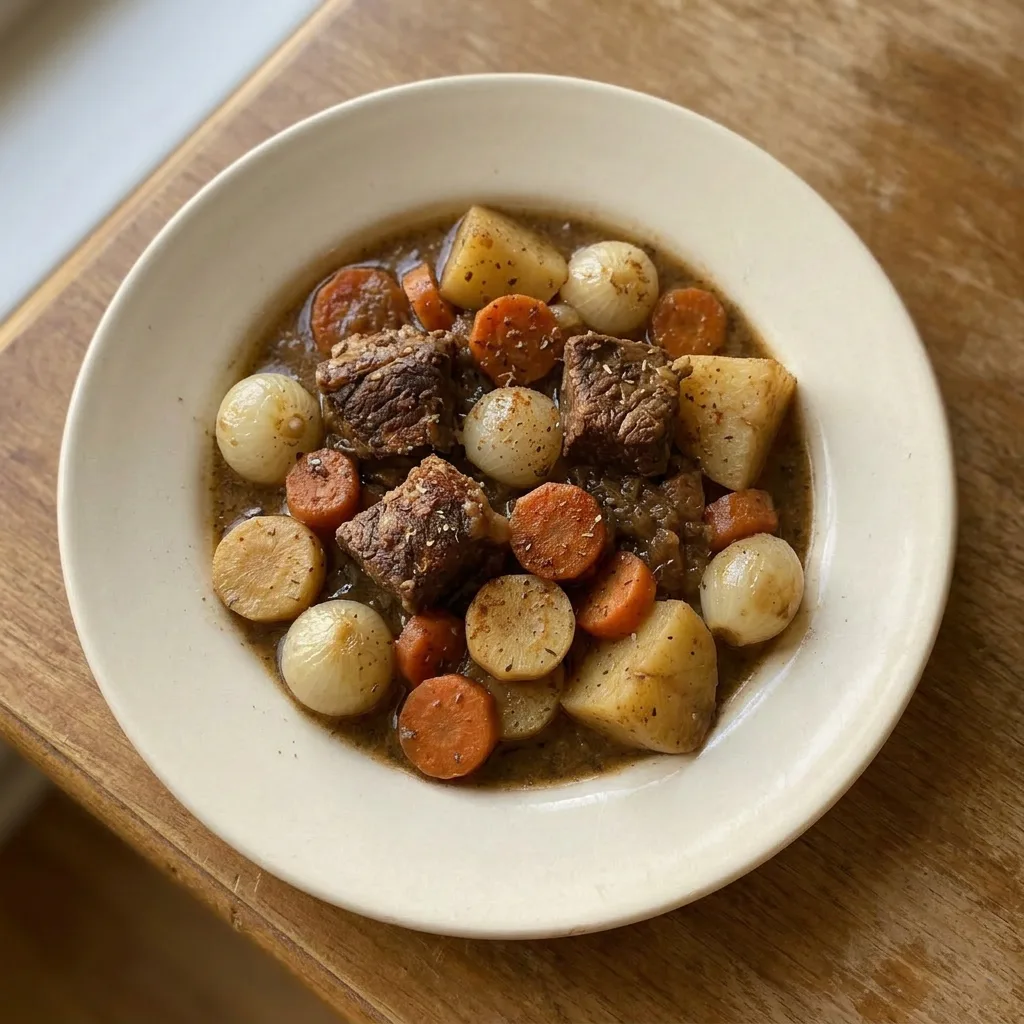 Plated beef stew with beef, potatoes, parsnips, carrots, and pearl onions in a dark gravy.