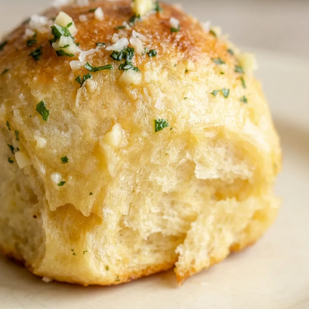 Up close, a single roll with a glossy butter-garlic glaze, visible parmesan flecks, and chopped parsley.