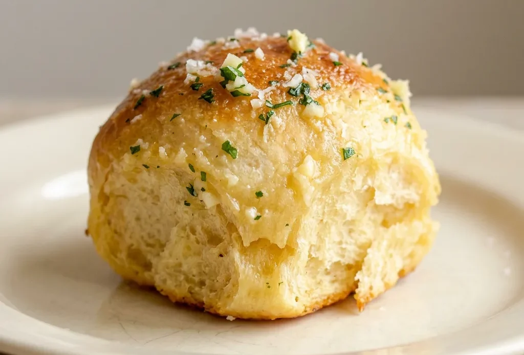 Looking down at three golden brown dinner rolls in a cast iron skillet, topped with melted butter, grated parmesan, and fresh parsley.