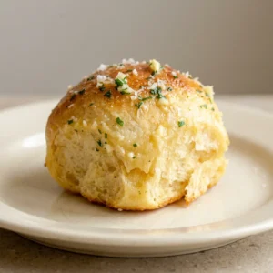Looking down at three golden brown dinner rolls in a cast iron skillet, topped with melted butter, grated parmesan, and fresh parsley.