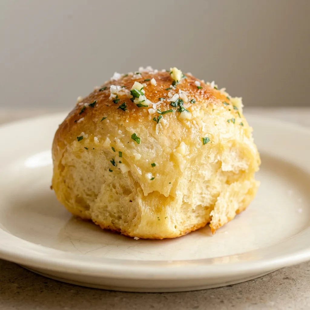 Looking down at three golden brown dinner rolls in a cast iron skillet, topped with melted butter, grated parmesan, and fresh parsley.
