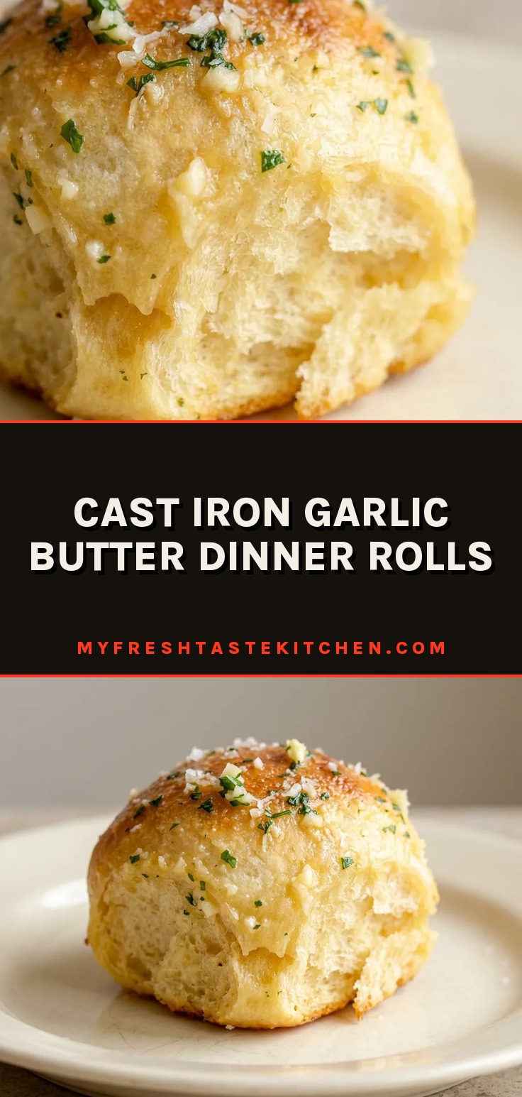 Looking down at three golden brown dinner rolls in a cast iron skillet, topped with melted butter, grated parmesan, and fresh parsley.
