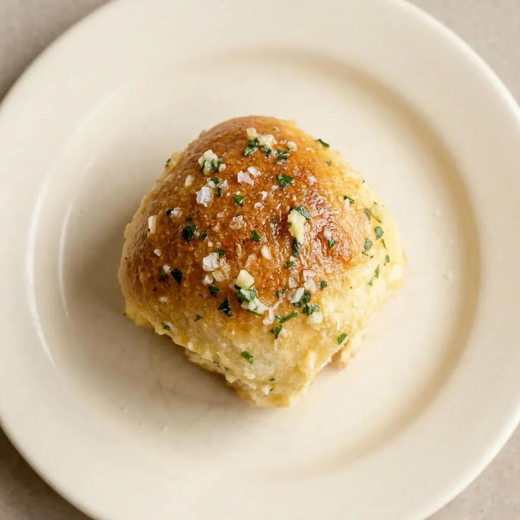 A plate of six pull-apart rolls, their tops glistening with garlic butter and sprinkled with parmesan and parsley.