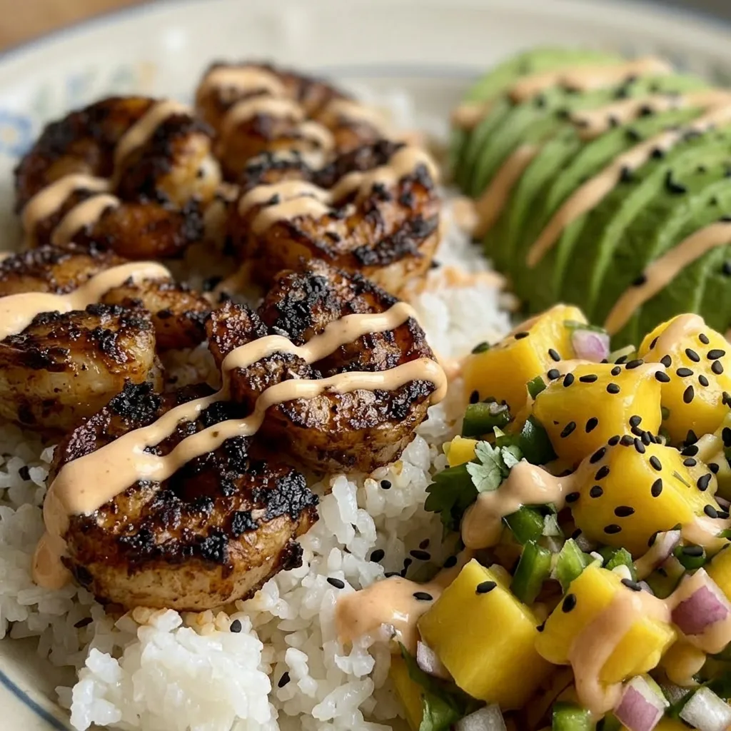 Macro detail of a charred shrimp next to avocado cubes and mango slices, with a chili slice and lime wedge in focus.