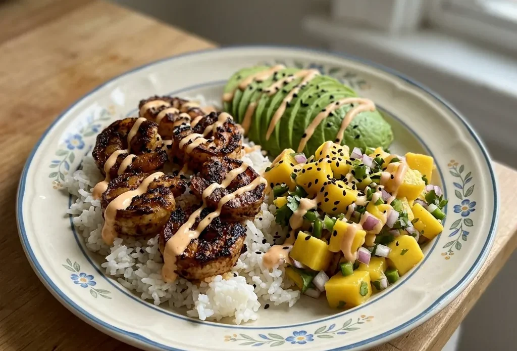 Top-down look at a bowl with white rice, sliced mango, avocado, and shrimp, garnished with chili and lime wedges.