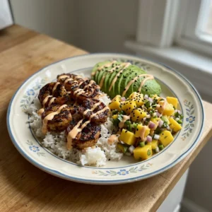 Top-down look at a bowl with white rice, sliced mango, avocado, and shrimp, garnished with chili and lime wedges.