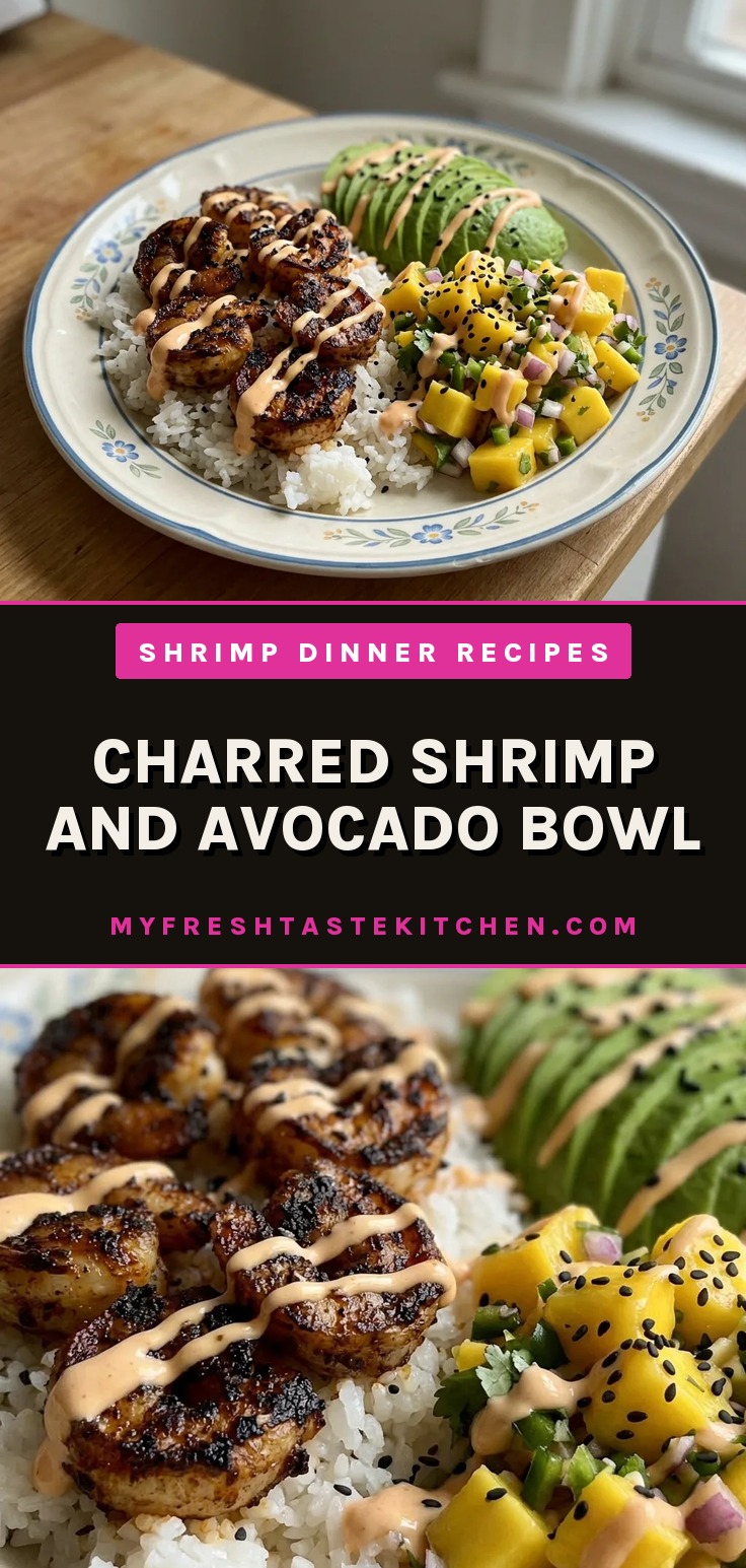 Top-down look at a bowl with white rice, sliced mango, avocado, and shrimp, garnished with chili and lime wedges.