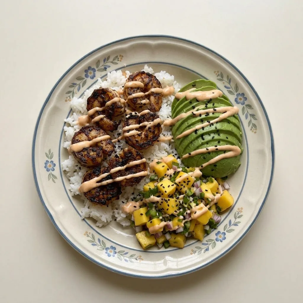 A serving of rice topped with shrimp, avocado, mango, and chili, with lime wedges on the side.