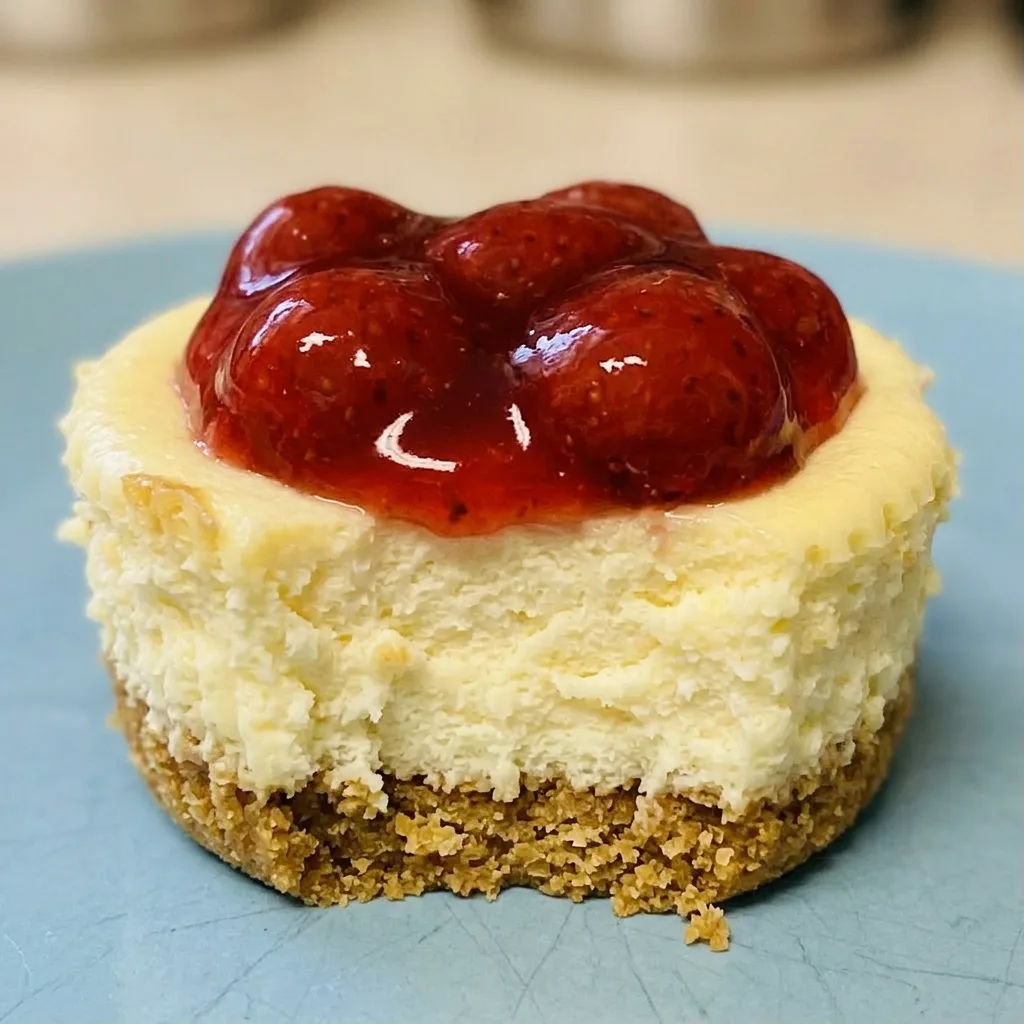 Up close, a cheesecake cupcake with a creamy top, a strawberry slice, and graham cracker crust visible.