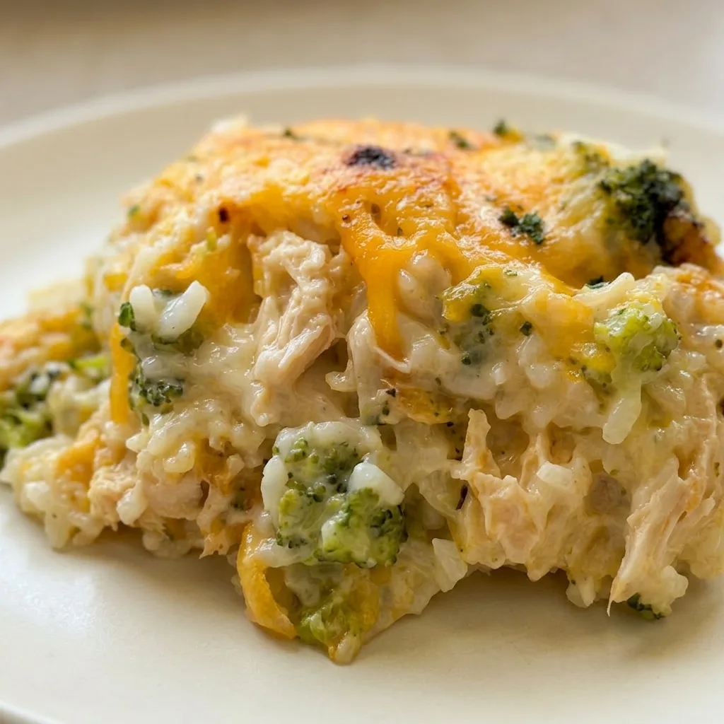 Macro detail of a forkful of cheesy casserole showing a piece of chicken, a broccoli floret, and rice grains coated in sauce.