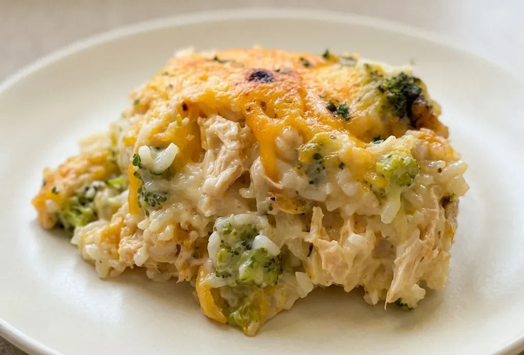 Top-down look at a casserole with chicken chunks, broccoli florets, and rice in a creamy cheese sauce, topped with melted cheddar.