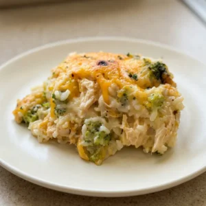 Top-down look at a casserole with chicken chunks, broccoli florets, and rice in a creamy cheese sauce, topped with melted cheddar.
