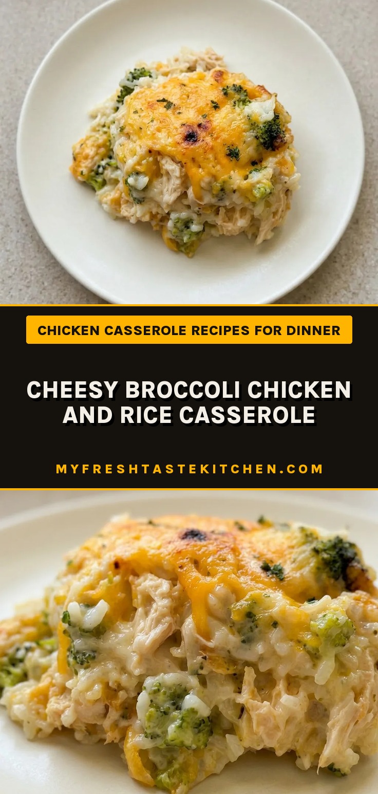 Top-down look at a casserole with chicken chunks, broccoli florets, and rice in a creamy cheese sauce, topped with melted cheddar.