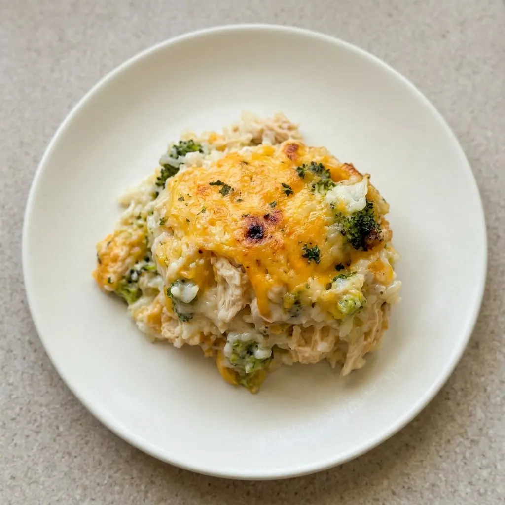 A serving of casserole with golden brown cheddar cheese crust, visible chicken and broccoli pieces, and creamy rice underneath.