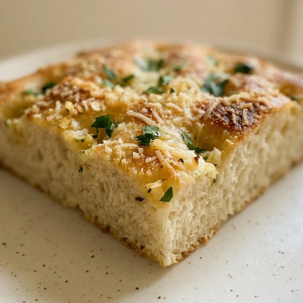 Macro detail of a golden-brown focaccia crust with crispy parmesan edges, garlic bits, and olive oil sheen.