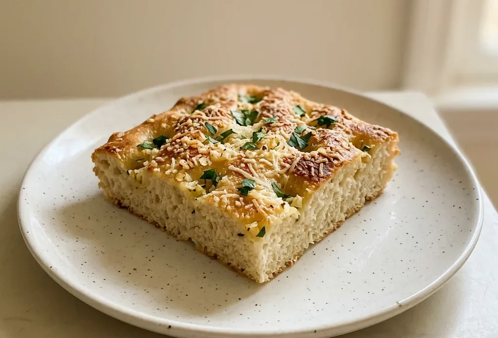 Top-down look at a square of focaccia bread topped with melted parmesan and visible garlic pieces, drizzled with olive oil.