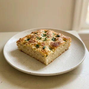 Top-down look at a square of focaccia bread topped with melted parmesan and visible garlic pieces, drizzled with olive oil.