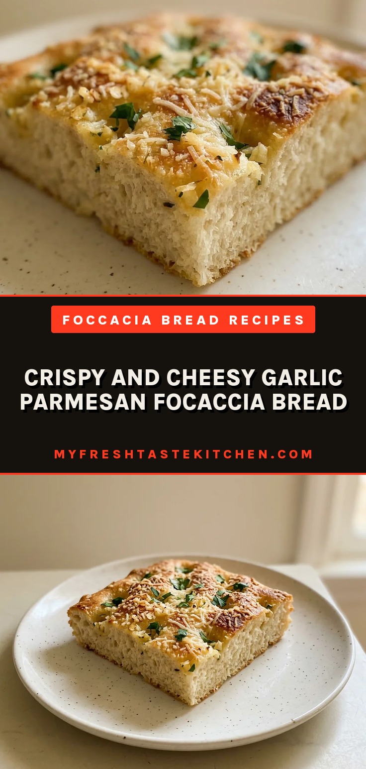Top-down look at a square of focaccia bread topped with melted parmesan and visible garlic pieces, drizzled with olive oil.