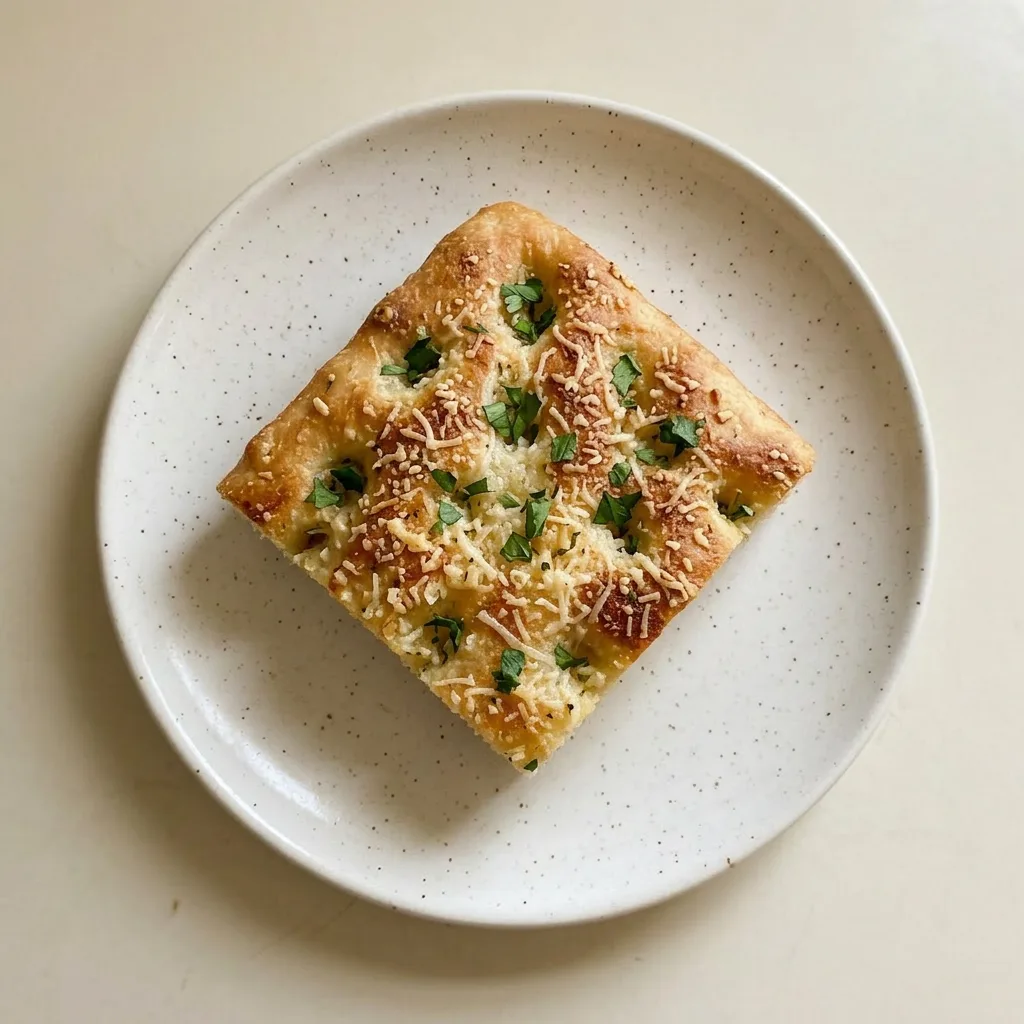 A serving of focaccia bread with a bubbly, cheesy top layer of parmesan and garlic, finished with olive oil.