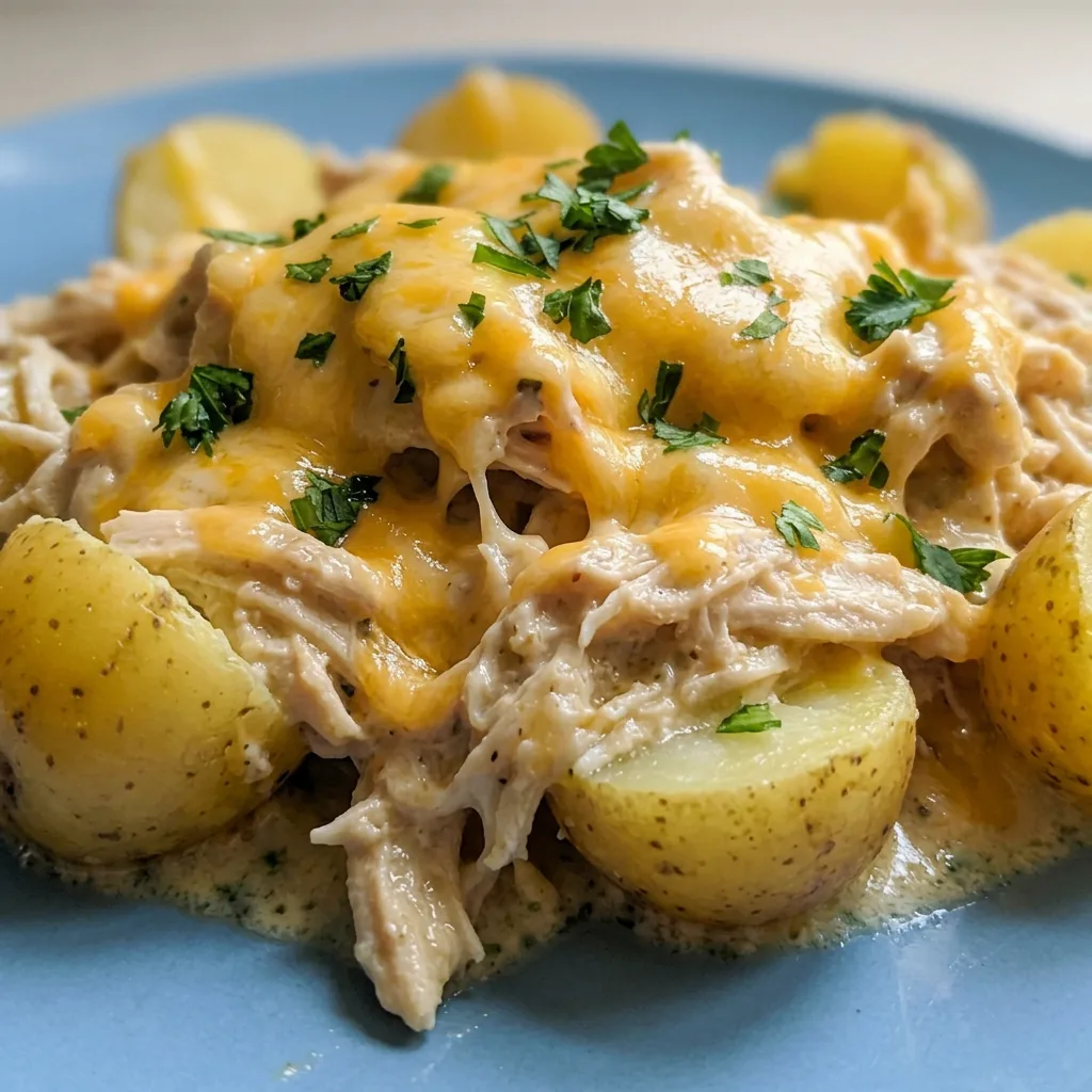 Zoomed in on a forkful of tender chicken and a potato half, both covered in thick cheese and speckled with ranch seasoning.