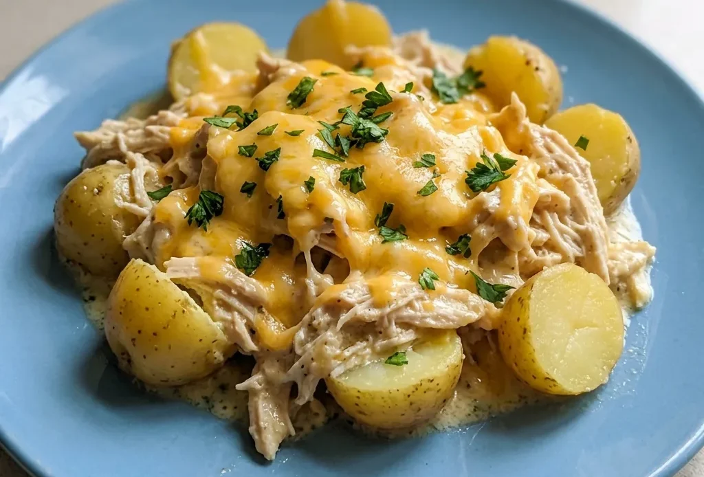 Bird's-eye view of chicken thighs and baby potatoes coated in creamy ranch sauce with melted cheddar cheese.