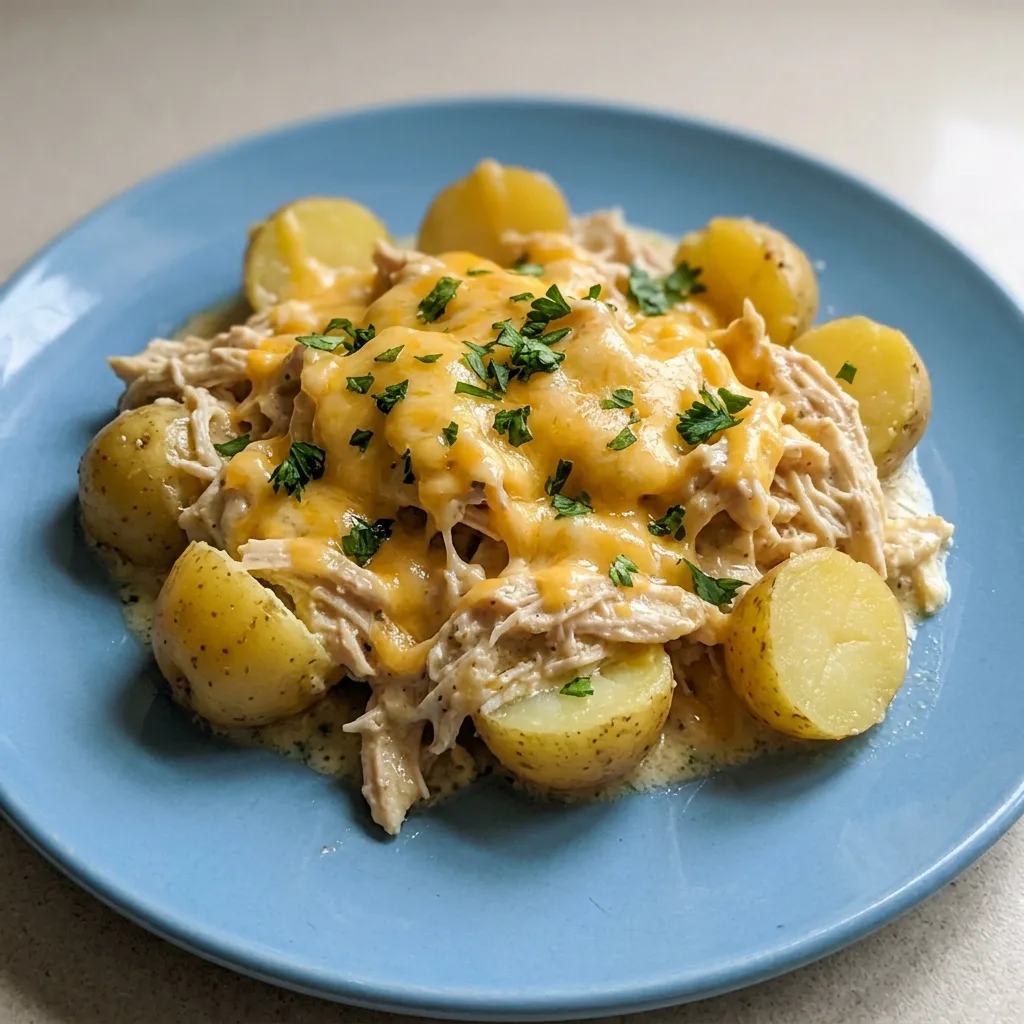 Bird's-eye view of chicken thighs and baby potatoes coated in creamy ranch sauce with melted cheddar cheese.